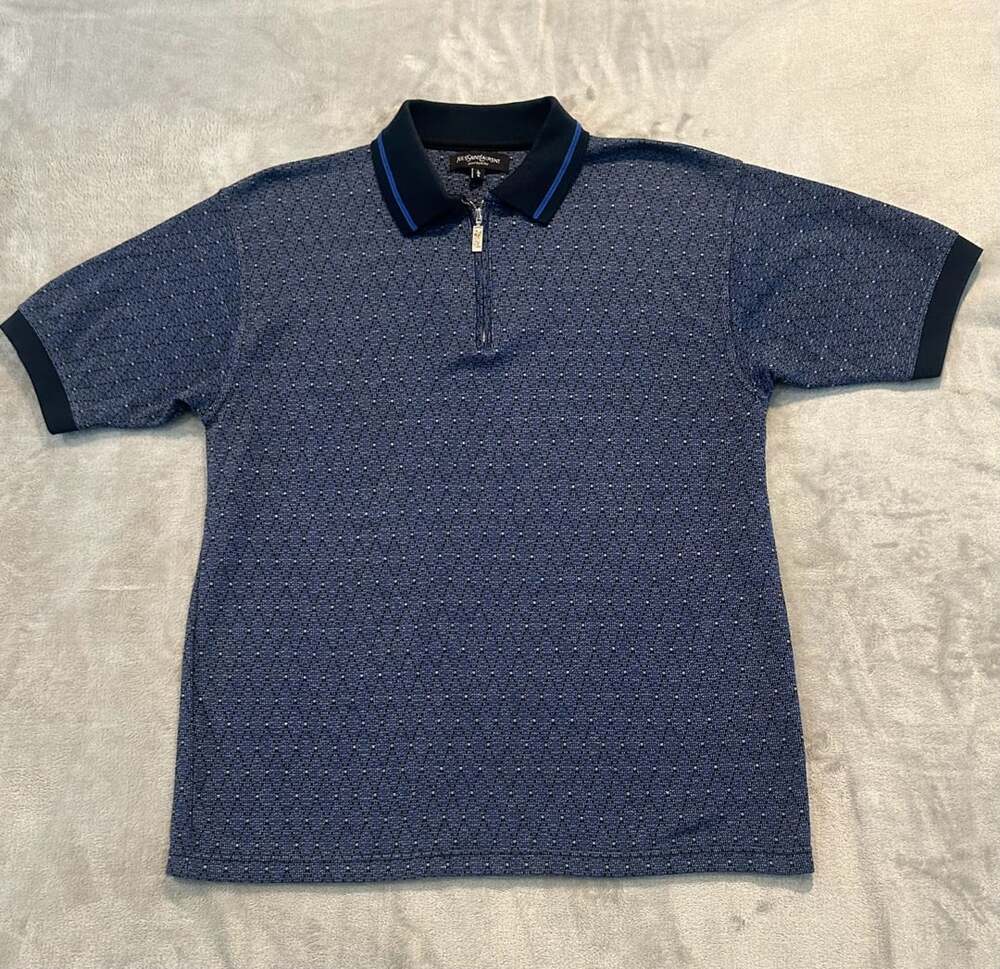 Yves Saint Laurent Pour Homme Size L Blue Patterned Zip Polo Shirt